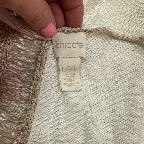 Chico's Cream Tan poncho Shrug sweater Textured Trim sz L/XL pull over v-neck - Picture 6 of 11
